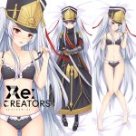  1girl altair_(re:creators) barefoot bed_sheet black_bra black_dress black_panties blush bra breasts cleavage dakimakura dress from_above full_body gauntlets hair_ribbon hat head_tilt holding holding_sword holding_weapon long_dress long_hair looking_at_viewer lying miao_fan military_hat navel off_shoulder on_back open_mouth panties re:creators red_eyes red_ribbon ribbon saber_(weapon) silver_hair small_breasts sword twintails underwear underwear_only very_long_hair weapon 