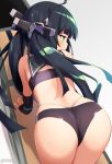  all_fours ass azur_lane back bangs bare_shoulders bikini black_bikini black_hair black_swimsuit elbow_gloves fingerless_gloves from_above from_behind gloves green_eyes hair_ornament hair_scrunchie headgear i-58_(azur_lane) long_hair looking_to_the_side revision sailor_collar scrunchie shiny shiny_hair sidelocks solo strapless swimsuit takashiru tubetop twintails twitter_username very_long_hair 