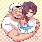  2boys baby baby_carry bandana black_hair braid brown_hair closed_eyes family father_and_son flower glasses hair_over_shoulder highres husband_and_wife japanese_clothes kimono mother_and_son multiple_boys ranma_1/2 saotome_genma saotome_nodoka saotome_ranma shirt single_braid single_tear wanta_(futoshi) white_kimono white_shirt younger 