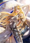  absurdres ahoge armor armored_dress bare_shoulders blonde_hair blue_eyes chain commentary english_commentary fate/apocrypha fate_(series) faulds flag fur_trim gauntlets gloves headpiece highres jeanne_d'arc_(fate) jeanne_d'arc_(fate)_(all) long_hair looking_at_viewer open_mouth outstretched_arm parted_lips plackart standard_bearer taekwon_kim thighhighs very_long_hair 