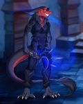  2018 5_fingers barefoot black_fur clothed clothing detailed_background digital_media_(artwork) fur holding_object holding_weapon male red_eyes red_fur sergal smile solo standing tril-mizzrim weapon 