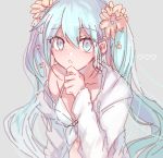  :o bad_id bad_pixiv_id bangs bikini blue_eyes blue_hair danjou_sora eyebrows_visible_through_hair flower grey_background hair_flower hair_ornament hand_on_own_chin hatsune_miku heart long_hair looking_at_viewer off_shoulder pastel_colors simple_background sketch solo swimsuit twintails vocaloid white_bikini 