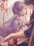  1girl bangs blood blood_on_face bloody_clothes bob_cut brother_and_sister chair commentary_request crying elysion frater kuusou_ryodan purple_eyes purple_hair purple_legwear short_hair siblings sitting smile soror sound_horizon thighhighs zettai_ryouiki zipper 