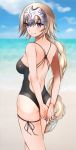 1girl amiga_sayuri arms_behind_back backless_swimsuit beach black_ribbon black_swimsuit blonde_hair blue_eyes blue_sky blurry blurry_background braid braided_ponytail breasts casual_one-piece_swimsuit cloud eyebrows_visible_through_hair fate/apocrypha fate_(series) floating_hair from_behind headpiece jeanne_d&#039;arc_(fate) jeanne_d&#039;arc_(fate)_(all) long_hair looking_at_viewer looking_back medium_breasts ocean one-piece_swimsuit outdoors ribbon sideboob single_braid sky smile solo standing swimsuit thigh_ribbon very_long_hair 