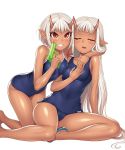  2girls bare_legs bare_shoulders blush breast_press breasts brown_eyes curvy dark_skin demon_girl eyes_closed fangs female grabbing happy horns hug lilith-soft long_hair looking_at_viewer looking_back multiple_girls nipples one-piece_swimsuit oni_horns open_mouth partially_visible_vulva pointy_ears shiny shiny_skin short_hair siblings simple_background sisters sitting small_breasts sophie_(taimanin_asagi) swimsuit taimanin_(series) taimanin_asagi taimanin_asagi_battle_arena take_your_pick twins very_long_hair white_background white_hair yuphie_(taimanin_asagi) zol 
