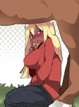  blonde_hair blue_eyes blush breasts dark_skin denim drooling from_side grass grey_pants hammer_(sunset_beach) hand_up horse imminent_bestiality large_breasts long_hair long_sleeves looking_at_viewer looking_to_the_side original pants red_sweater seiza sitting sweatdrop sweater 