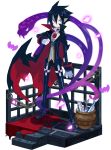  black_cape black_footwear black_hair black_pants cape chain choker disgaea expressionless faux_figurine fish full_body harada_takehito looking_at_viewer makai_senki_disgaea_4 makai_wars male_focus pale_skin pants popped_collar red_eyes shoes snake solo standing urn valvatorez_(disgaea) 