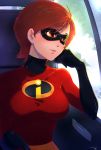  bangs black_gloves blush bodysuit breasts brown_eyes brown_hair chin_rest commentary dated domino_mask elastigirl elbow_gloves gloves highres large_breasts light_smile lips looking_away mask parted_lips short_hair signature sitting solo superhero the_incredibles vehicle_interior yoruhasu_gekkei 