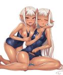  2girls bare_legs bare_shoulders bed blush breast_press breasts brown_eyes curvy dark_skin demon_girl eyes_closed fangs female grabbing happy horns hug lilith-soft long_hair looking_at_viewer looking_back multiple_girls naughty_face nipples on_bed one-piece_swimsuit oni_horns open_mouth partially_visible_vulva pillow pointy_ears puffy_nipples seductive_smile shiny shiny_skin short_hair siblings sisters sitting small_breasts smile sophie_(taimanin_asagi) sweat swimsuit taimanin_(series) taimanin_asagi taimanin_asagi_battle_arena take_your_pick tongue tongue_out twins very_long_hair white_background white_hair yuphie_(taimanin_asagi) zol 