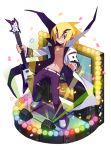  akutare_(disgaea) bare_chest blonde_hair disgaea faux_figurine full_body grin guitar harada_takehito holding holding_instrument instrument jewelry looking_at_viewer makai_senki_disgaea_2 makai_wars male_focus necklace official_art pants pointy_ears popped_collar purple_eyes purple_pants rainbow_order shoes smile solo standing white_coat 