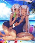  2girls ass bare_legs bare_shoulders beach blush breast_press breasts brown_eyes curvy dark_skin day demon_girl eyes_closed fangs female flower grabbing happy horns hug lilith-soft long_hair looking_at_viewer looking_back multiple_girls nipples one-piece_swimsuit oni_horns open_mouth pointy_ears shiny shiny_skin short_hair siblings sisters sitting sky small_breasts sophie_(taimanin_asagi) sunlight swimsuit taimanin_(series) taimanin_asagi taimanin_asagi_battle_arena take_your_pick twins very_long_hair water white_hair yuphie_(taimanin_asagi) zol 