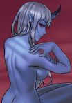  ass back blue_oni blue_skin breasts butt_crack earrings eyeshadow from_behind grey_hair hands_up horn jewelry large_breasts legs_together looking_at_viewer looking_back makeup nude oni original pointy_ears red_background red_eyes sitting smile solo zakusi 