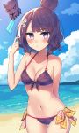  bangs bare_arms bare_shoulders beach bikini blue_sky blush breasts checkered cleavage closed_mouth cloud cloudy_sky collarbone commentary_request day eyebrows_visible_through_hair fate/grand_order fate_(series) food front-tie_bikini front-tie_top groin hair_bun hair_ornament hand_up highres holding holding_food horizon katsushika_hokusai_(fate/grand_order) medium_breasts melting navel ocean octopus outdoors popsicle purple_bikini purple_eyes purple_hair sand side-tie_bikini sky solo standing sweat swimsuit tokitarou_(fate/grand_order) wagashi928 water 
