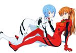  2girls absurdres all_fours arm_support ayanami_rei blue_eyes blue_hair bodysuit breasts brown_hair eyebrows_visible_through_hair full_body hair_between_eyes headgear highres long_hair looking_at_viewer multiple_girls neon_genesis_evangelion parted_lips plugsuit red_bodysuit red_eyes shiny shiny_hair short_hair simple_background sitting small_breasts soryu_asuka_langley tuchinokoeffect twintails white_background 