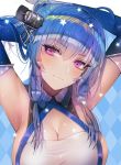  ahoge armpits arms_behind_head azur_lane bad_id bad_twitter_id bangs bare_shoulders blue_background blue_gloves blue_hair blush breasts checkered checkered_background cleavage closed_mouth collarbone dress elbow_gloves eyebrows_visible_through_hair gloves gradient_hair hair_between_eyes hair_ornament hair_ribbon hanato_(seonoaiko) hand_in_hair head_tilt impossible_clothes impossible_dress large_breasts light_smile long_hair looking_at_viewer multicolored_hair no_bra purple_eyes rainbow_gradient ribbon sideboob sidelocks smile solo sparkle st._louis_(azur_lane) star taut_clothes taut_dress tress_ribbon upper_body white_gloves 