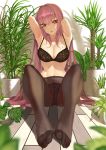  armpits arms_up black_bra black_legwear black_panties blurry blurry_foreground bra breasts cleavage commentary crotch_seam depth_of_field eyebrows_visible_through_hair fate/grand_order fate_(series) feet foreshortening highres indoors large_breasts long_hair looking_at_viewer navel panties panties_under_pantyhose pantyhose parted_lips plant purple_hair red_eyes scathach_(fate)_(all) scathach_(fate/grand_order) sidelocks sitting solo throtem toes underwear underwear_only very_long_hair 