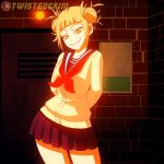  1girl animated animated_gif ass ass_shake bangs blonde_hair blue_skirt blunt_bangs boku_no_hero_academia cardigan curvy double_bun fangs grin highres hips huge_ass looking_at_viewer messy_hair no_panties pleated_skirt pussy school_uniform serafuku skirt slit_pupils smile solo standing thick_thighs thighs toga_himiko twistedgrim wide_hips yellow_eyes 