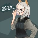  adjusting_eyewear animal_ears brown_eyes character_name edytha_rossmann fox_ears grey_hair hand_on_hip semi-rimless_eyewear short_hair solo under-rim_eyewear uno_ichi upper_body vest world_witches_series 