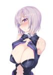  blush breast_suppress breasts bright_pupils center_opening cleavage_cutout commentary_request covered_nipples elbow_gloves fate/grand_order fate_(series) gloves hair_over_one_eye hands_on_own_chest highres huge_breasts kylin lavender_hair leotard mash_kyrielight navel parted_lips purple_eyes sagging_breasts simple_background solo sweatdrop white_background 