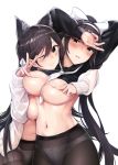  ;&lt; animal_ears arm_behind_head arm_up atago_(azur_lane) azur_lane bangs biting black_hair black_legwear blush bow breasts brown_eyes cardigan closed_mouth commentary_request covering covering_breasts crotch_seam extra_ears eyebrows_visible_through_hair hair_bow hair_flaps hair_ribbon hairband half-closed_eyes highres hug large_breasts lip_biting long_hair looking_at_viewer mappaninatta mole mole_under_eye multiple_girls navel neckerchief no_bra one_eye_closed open_cardigan open_clothes panties panties_under_pantyhose pantyhose ponytail ribbon school_uniform shirt_lift simple_background smile stomach swept_bangs takao_(azur_lane) thighband_pantyhose underwear uniform v very_long_hair white_background white_bow white_cardigan white_hairband white_neckwear white_panties white_ribbon yuri 