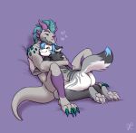  &lt;3 2018 anthro black_hair blue_hair butt cat claws digital_media_(artwork) dragon duo embrace eyes_closed feline female fur grey_fur grey_skin hair hindpaw horn hug interspecies lying male male/female mammal multicolored_fur nude on_back pawpads paws purple_background romantic_couple scalie simple_background smile thelupinprincess toe_claws white_fur 