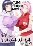  2girls areolae blue_hair blush breasts facial_mark female forehead_mark green_eyes haruno_sakura heart_cutout hime_cut hyuuga_hinata large_breasts multiple_girls nipple_cutout nipples pink_hair smile sunahara_wataru sweater 