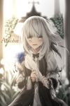  absurdres black_bow blue_flower blurry blurry_background blush bouquet bow crying crying_with_eyes_open dress floating_hair flower frills highres holding holding_bouquet lolita_fashion long_hair looking_at_viewer open_mouth original silver_eyes silver_hair solo standing suisen-21 tears 