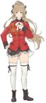  ahoge aiguillette amagi_brilliant_park ass_visible_through_thighs bangs black_ribbon black_skirt boots brown_eyes brown_footwear frilled_skirt frills full_body hair_ribbon hand_on_hip hand_on_own_chest iwauchi_tomoki jacket light_blush light_brown_hair long_hair long_sleeves looking_at_viewer military military_uniform panties pantyshot pantyshot_(standing) parted_lips pink_panties pleated_skirt red_jacket ribbon sento_isuzu skirt skirt_lift solo standing thighhighs underwear uniform white_legwear wind wind_lift 