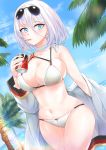  alternate_costume armpits aye azur_lane baggy_clothes bangs beach bikini blue_eyes blue_sky breasts can cleavage cloud coat collarbone commentary_request cowboy_shot cross cross_earrings day drinking earrings eyewear_on_head eyewear_removed german_flag groin hair_between_eyes hand_on_eyewear hand_on_hip highres holding holding_can holding_eyewear jewelry large_breasts looking_at_viewer mouth_hold navel ocean outdoors palm_tree parted_lips scarf short_hair sidelocks signature silver_hair skindentation sky solo sparkle stomach sunglasses sunlight swimsuit thighs tirpitz_(azur_lane) tree walking white_bikini white_coat white_scarf 