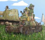  black_hair brown_eyes brown_hair caterpillar_tracks cloud commentary_request day doden_3-shiki flag girls_und_panzer glasses grass ground_vehicle imperial_japanese_army imperial_japanese_navy military military_vehicle motor_vehicle multiple_girls nib_pen_(medium) self-propelled_gun short_hair sky smile tank traditional_media twintails type_4_ke-nu 