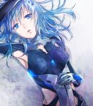  armpits beatless blue_eyes blue_hair bodysuit breasts floating_hair hair_between_eyes leicia long_hair looking_at_viewer parted_lips small_breasts solo upper_body yoma 