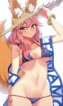  absurdres animal_ear_fluff animal_ears bikini blue_bikini bracelet breasts cleavage collarbone ears_through_headwear eyebrows_visible_through_hair fate/extella fate/extra fate/grand_order fate_(series) fox_ears fox_tail groin hat highres jewelry large_breasts looking_at_viewer narynn navel pink_hair side-tie_bikini simple_background solo straw_hat swimsuit tail tamamo_(fate)_(all) tamamo_no_mae_(swimsuit_lancer)_(fate) white_background yellow_eyes 