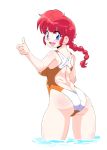 :d absurdres ass back bangs bare_arms bare_shoulders bichosan blue_eyes blush braid cowboy_shot eyebrows_visible_through_hair from_behind genderswap genderswap_(mtf) hand_up highres long_hair looking_at_viewer looking_back one-piece_swimsuit open_mouth ranma-chan ranma_1/2 red_hair saotome_ranma sidelocks simple_background single_braid smile solo standing swimsuit thumbs_up wading water white_background 
