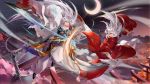  animal_ears battle brothers crescent_moon detached_sleeves duel facial_mark fang floating_hair fox_ears highres holding holding_sword holding_weapon inuyasha inuyasha_(character) japanese_clothes jiji_(pixiv10646874) kimono long_hair moon multiple_boys open_mouth outdoors pants red_kimono sesshoumaru siblings silver_hair sky star_(sky) starry_moon starry_sky sword very_long_hair weapon white_pants yellow_eyes 