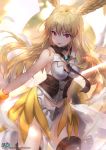  absurdres angel angel_wings armor bangs bare_shoulders blonde_hair boots bracelet breastplate breasts cleavage commentary_request cowboy_shot energy_wings eyebrows_visible_through_hair fate/grand_order fate_(series) faulds feathers head_wings highres holding holding_weapon jewelry kyjsogom long_hair looking_at_viewer pixiv_username red_eyes shield solo thigh_boots thighhighs thrud_(fate/grand_order) valkyrie valkyrie_(fate/grand_order) weapon wings 
