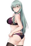  absurdres aqua_eyes aqua_hair armpit_crease aslindsamure ass bangs black_legwear blush bra breasts butt_crack hair_between_eyes hair_ornament hairclip hand_on_own_chest highres kantai_collection large_breasts lingerie long_hair looking_at_viewer looking_back paid_reward panties patreon_reward protected_link purple_bra purple_panties sidelocks simple_background skindentation solo suzuya_(kantai_collection) thighhighs thighs underwear underwear_only white_background 
