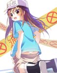  :o bangs black_footwear blue_shirt blush brown_eyes brown_hair eyebrows_visible_through_hair flat_cap hair_between_eyes hat hataraku_saibou highres kneeling long_hair looking_at_viewer open_mouth panties platelet_(hataraku_saibou) satou_(3366_s) shirt short_sleeves solo underwear undressing very_long_hair white_hat white_panties 