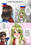  annamakko-tan blush comic dress greyscale long_hair long_sleeves looking_at_viewer monochrome multiple_girls open_mouth original philippine_flag philippines real_life russian_flag simple_background smile surprised undressing yuri 