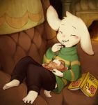  4_toes anthro asriel_dreemurr blush book caprine clothed clothing eating eyes_closed goat hi_res mammal sarusa1 sofa solo toes undertale video_games 