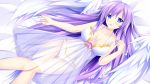  :d bare_shoulders blue_eyes blush breasts cleavage collarbone commentary_request dress feathered_wings highres hips kludea long_hair looking_at_viewer lying medium_breasts navel neptune_(series) on_back open_mouth power_symbol purple_hair purple_heart see-through smile solo symbol-shaped_pupils thigh_gap very_long_hair white_dress wings 
