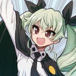  :d anchovy anzio_school_uniform arm_up bangs black_cape black_neckwear cape commentary_request dress_shirt drill_hair emblem emphasis_lines girls_und_panzer green_hair inumoto long_hair necktie open_mouth red_eyes school_uniform shirt smile solo twin_drills twintails upper_body v-shaped_eyebrows white_shirt 