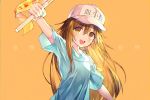  :d arm_up bangs blue_shirt blush brown_hair character_name eyebrows_visible_through_hair flag flat_cap floating_hair hair_between_eyes hat hataraku_saibou holding holding_flag kh_(kh_1128) light_particles long_hair looking_at_viewer open_mouth orange_background orange_eyes outstretched_arm platelet_(hataraku_saibou) round_teeth shirt short_sleeves sidelocks simple_background smile solo standing tareme teeth upper_body upper_teeth whistle white_hat 