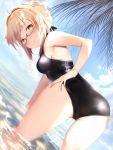  ahoge alternate_costume artoria_pendragon_(all) ass bare_shoulders bent_over black-framed_eyewear black_swimsuit blonde_hair blush braid commentary_request day dutch_angle eyebrows_visible_through_hair fate/grand_order fate_(series) french_braid from_behind hair_between_eyes highres long_hair looking_at_viewer maosame mysterious_heroine_x_(alter) one-piece_swimsuit outdoors palm_leaf semi-rimless_eyewear solo swimsuit thighs under-rim_eyewear wading water yellow_eyes 