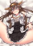  ahoge bangs bare_shoulders bed_sheet breasts brown_hair commentary_request constricted_pupils crying crying_with_eyes_open detached_sleeves double_bun eyebrows_visible_through_hair hairband headgear jaku_denpa japanese_clothes kantai_collection kongou_(kantai_collection) long_hair looking_at_viewer no_panties nontraditional_miko open_mouth remodel_(kantai_collection) scared shaded_face sidelocks skirt solo spread_legs sweat tears thighhighs thighs 