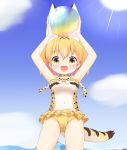  :d adapted_costume animal_ears arms_up ball bare_arms bare_shoulders beachball blonde_hair blue_sky blush breasts casual_one-piece_swimsuit cloud commentary_request covered_navel cowboy_shot day extra_ears eyebrows_visible_through_hair highres holding holding_ball kemono_friends looking_at_viewer medium_breasts ocean one-piece_swimsuit open_mouth outdoors serval_(kemono_friends) serval_ears serval_print serval_tail shin01571 sky smile solo standing sun sunlight swimsuit tail transparent 