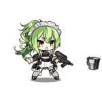  :d animated apron bangs black_footwear breasts bucket calico_m950 chibi dress floating_hair frills full_body girls_frontline green_hair grey_legwear gun hair_between_eyes handgun holding holding_gun holding_weapon long_hair lowres m950a_(girls_frontline) maid medium_breasts mop official_art open_mouth pistol pouch puffy_sleeves saru sidelocks simple_background single_knee_pad skirt smile solo spinning_mop standing standing_on_one_leg tossing trigger_discipline twintails wavy_hair weapon wind yellow_eyes 