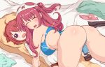  :d ^_^ absurdres akaza_akane akaza_akari ass bed blue_bra blue_panties blush bra breasts closed_eyes covered_nipples dakimakura_(object) female_pervert highres large_breasts masturbation miskata object_on_head open_mouth panties panties_aside panties_on_head pervert pillow pink_panties purple_eyes pussy red_hair smile solo underwear vibrator white_panties yuru_yuri 