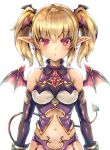  bare_shoulders blonde_hair commentary_request demon_girl demon_tail demon_wings earrings expressionless eyebrows_visible_through_hair jewelry midriff navel original pointy_ears red_eyes samoore solo tail twintails white_background wings 