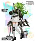  :d apron bangs black_footwear blush breasts bucket calico_m950 character_name clothes_writing collarbone detached_sleeves frills full_body girls_frontline green_hair grey_legwear gun hair_between_eyes hand_on_hip handgun head_tilt high_heels holding holding_gun holding_weapon long_hair looking_at_viewer m950a_(girls_frontline) maid medium_breasts mop official_art open_mouth pistol pouch puffy_sleeves shoulder_cutout sidelocks single_knee_pad skirt smile solo standing standing_on_one_leg trigger_discipline twintails wavy_hair weapon yellow_eyes zagala 