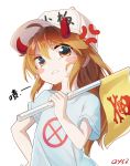 anger_vein bai_yemeng bangs blue_shirt blush_stickers brown_eyes brown_hair character_name clenched_teeth clothes_writing commentary_request curled_horns demon_girl demon_horns eyebrows_visible_through_hair flag flat_cap grey_hat hair_between_eyes hand_up hat hataraku_saibou head_tilt highres holding holding_flag horns long_hair looking_at_viewer platelet_(hataraku_saibou) shirt short_sleeves simple_background skull_and_crossbones solo teeth translation_request very_long_hair white_background 